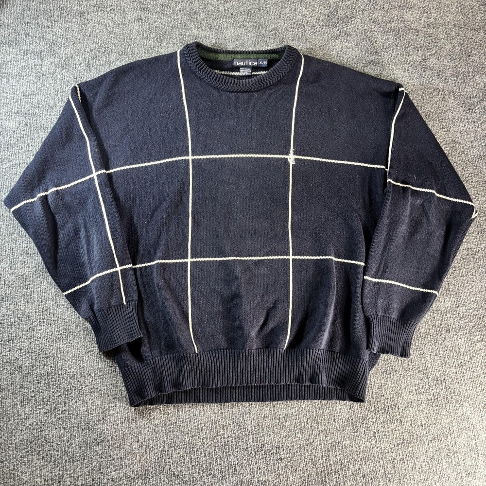 Nautica Sweater Mens XL Blue Windowpane Check Crewneck Cotton Knit Pullover